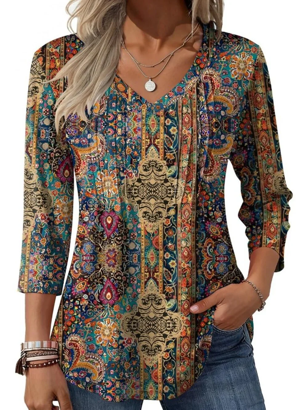 Boho Floral Blouse with V-Neck | 3/4 Sleeve Tunic Top for Work & Casual Wear